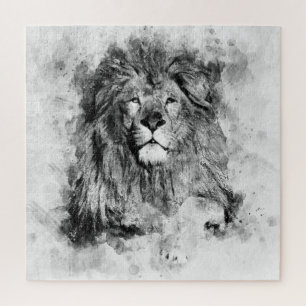 Male Lion Black and White Watercolor Portrait Jigsaw Puzzle