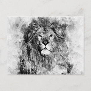 Male Lion Black and White Watercolor Portrait Postcard