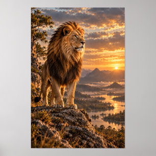 Male Lion on Rocky Overlook at Golden Sunset Wildl Poster