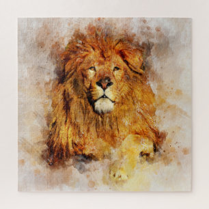 Male Lion With Large Mane Watercolor Portrait Jigsaw Puzzle