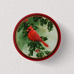 Male Northern Cardinal and Holly 3 Cm Round Badge