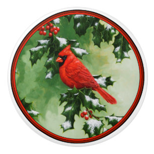 Male Northern Cardinal and Holly Ceramic Knob