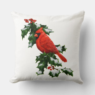 Male Northern Cardinal and Holly Cushion