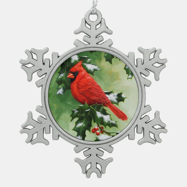 Male Northern Cardinal and Holly Snowflake Pewter Christmas Ornament (Front)