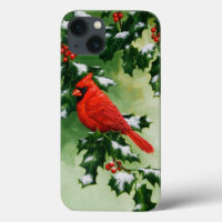 Male Northern Red Cardinal Bird & Holly Branch