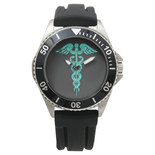Male Nurse Black Turquoise Caduceus Watch (Front)