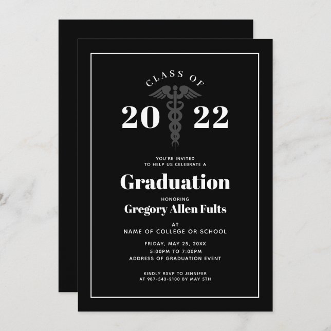 Male Nurse Graduation Black and White Medical Invitation (Front/Back)