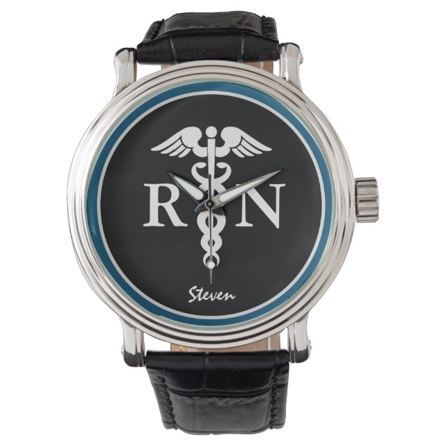 Male Nurse RN Caduceus Blue Black Customised Watch (Front)