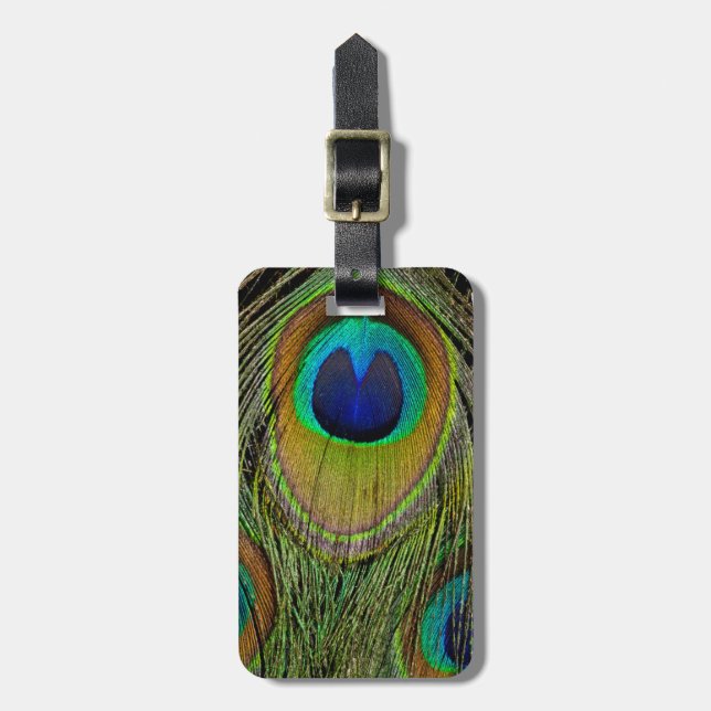 Male peacock tail feathers luggage tag (Front Vertical)