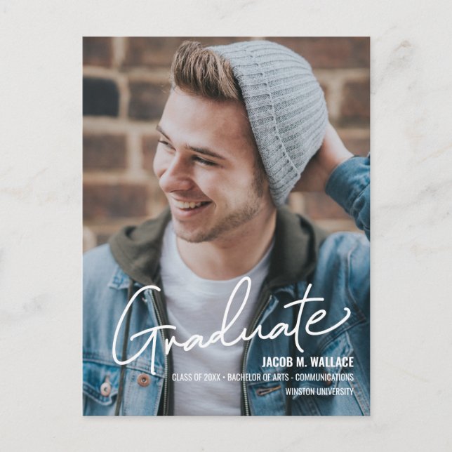Male Personalised University Graduate Photo Name Announcement Postcard (Front)