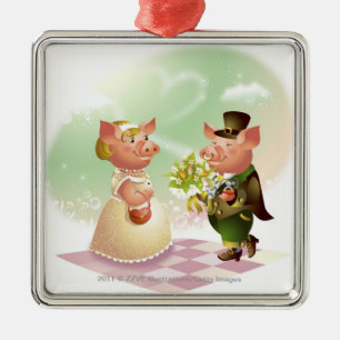 Male pig gives a bouqet of flowers to a female pig metal ornament