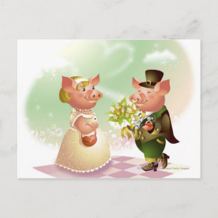 Male pig gives a bouqet of flowers to a female pig postcard