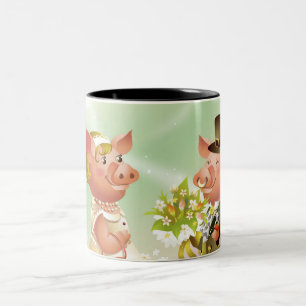 Male pig gives a bouqet of flowers to a female pig Two-Tone coffee mug