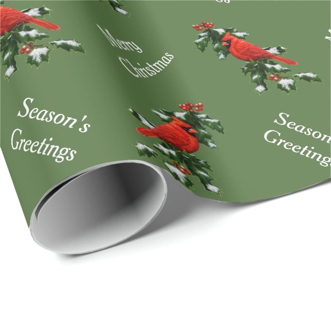 Male Red Cardinal and Holly Green Wrapping Paper (Roll Corner)