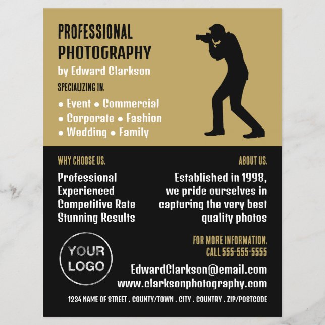 Male Silhouette, Photographer, Photography Hire Flyer (Front)
