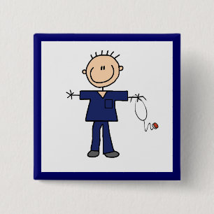 Male Stick Figure Nurse - Blue 15 Cm Square Badge