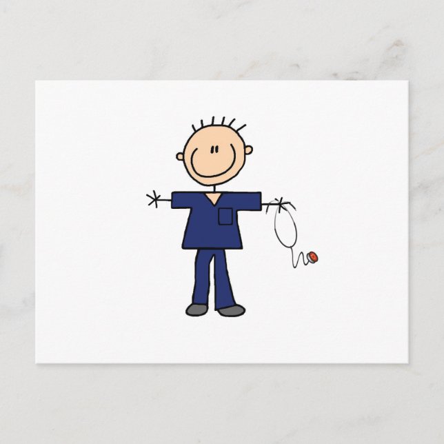 Male Stick Figure Nurse - Blue Postcard (Front)