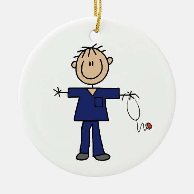 Male Stick Figure Nurse Medium Skin Ceramic Ornament (Front)