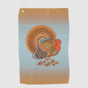 Male Turkey Colourful Feathers Fanned Tail Leaves Golf Towel