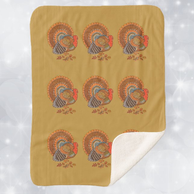 Male Turkey Fanned Tail Autumn Leaves Yellow Sherpa Blanket (Male Thanksgiving Turkeys brown orange feathers in Autumn leaves on mustard yellow Sherpa Blanket.)