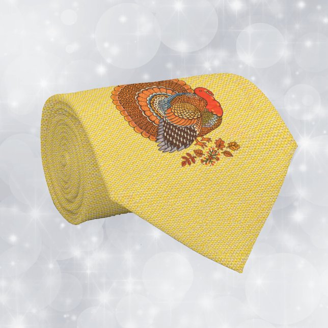 Male Turkey Fanned Tail Leaves Golden Yellow Tie (Male turkey fanned tail brown orange feathers in Fall leaves gold yellow Thanksgiving mens necktie.)