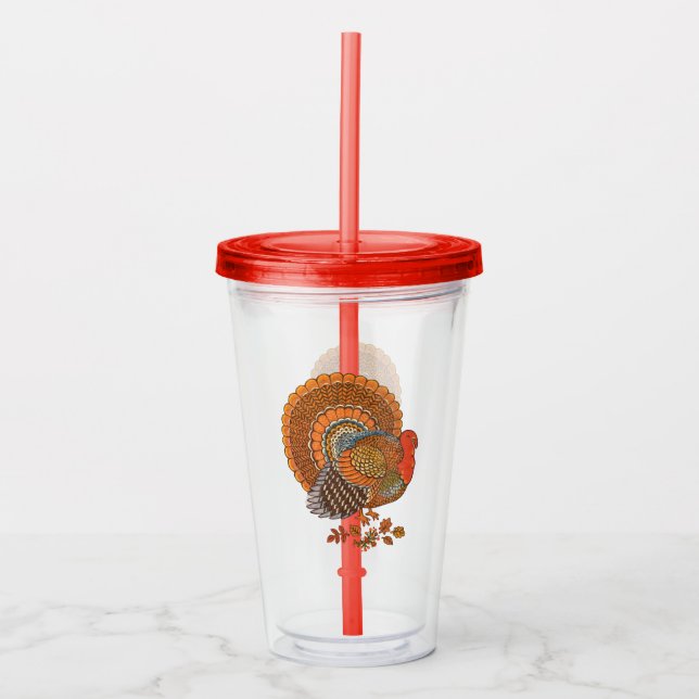 Male Turkey in Leaves Autumn Coloured Feathers Acrylic Tumbler (Front)