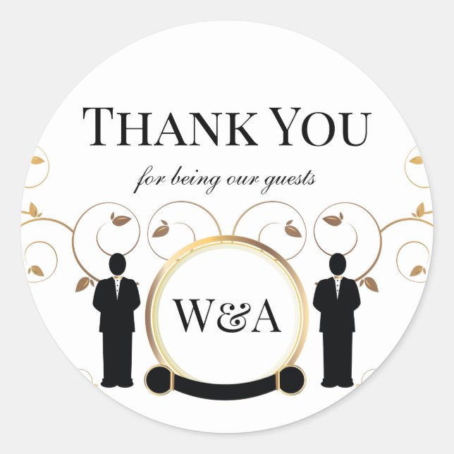 Male Wedding Gold Monogram LGBTQ Classic Round Sticker (Front)