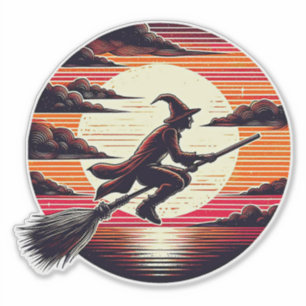 Male Witch riding Broom in sunset art illustration