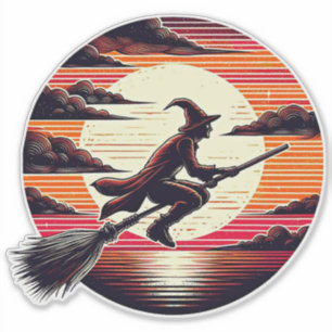Male Witch riding Broom in sunset art illustration