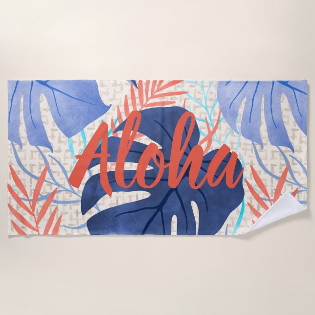 Maleah Monstera Tropical Hawaiian Watercolor- Blue Beach Towel (Front)
