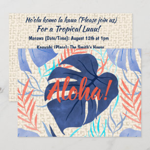 Maleah Monstera Tropical Hawaiian Watercolor- Blue Invitation