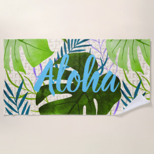 Maleah Monstera Tropical Hawaiian Watercolor-Green Beach Towel