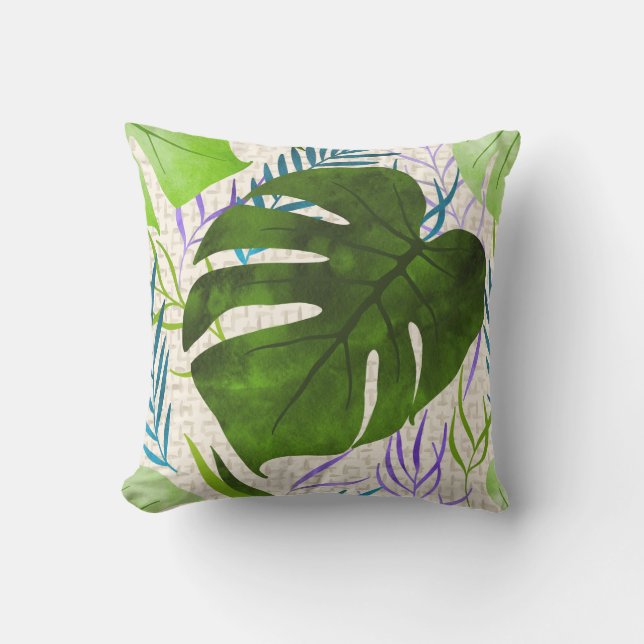 Maleah Monstera Tropical Hawaiian Watercolor-Green Cushion (Front)