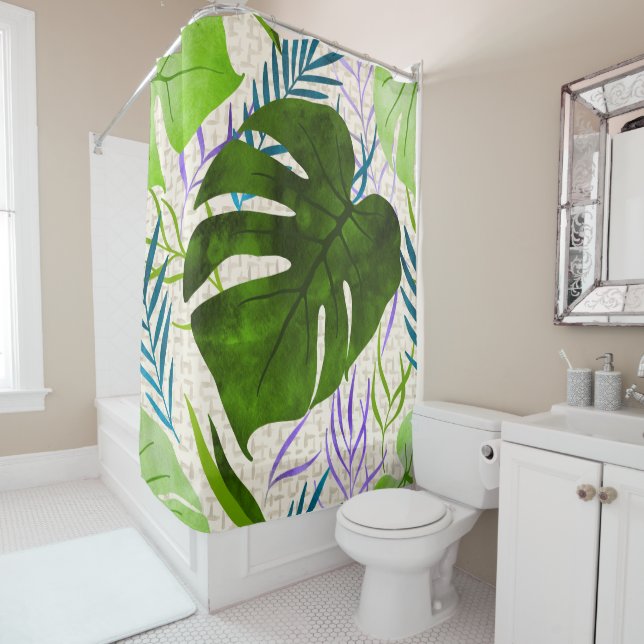 Maleah Monstera Tropical Hawaiian Watercolor-Green Shower Curtain (In Situ)