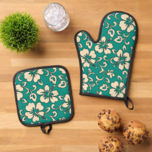 Malia Hawaiian Hibiscus Floral Jade Oven Mitt & Pot Holder Set