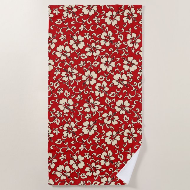 Malia Hawaiian Hibiscus Tropical Floral - Red Beach Towel (Front)