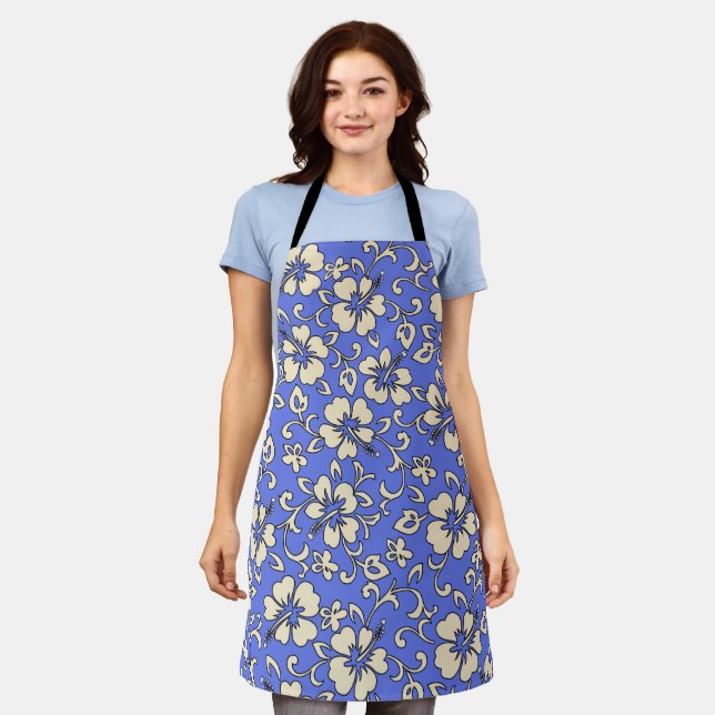 Malia Hibiscus Hawaiian Periwinkle and Cream Apron (Worn)