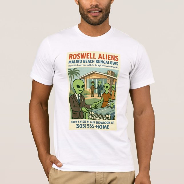 Malibu Beach Bungalows 1950's Roswell Aliens Retro T-Shirt (Front)