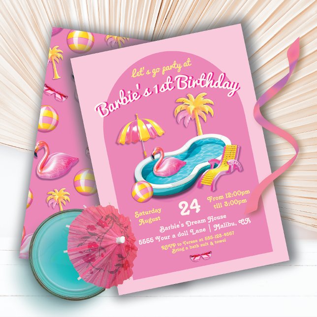 Malibu Beach Doll Retro Birthday Pool Party Invitation (Creator Uploaded)