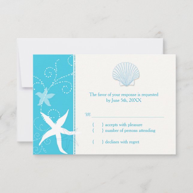 Malibu Blue Sea Shell Starfish Beach Wedding RSVP (Front)