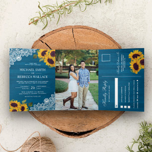 Malibu Blue Wood Lace Sunflower Wedding Photo Tri-Fold Invitation