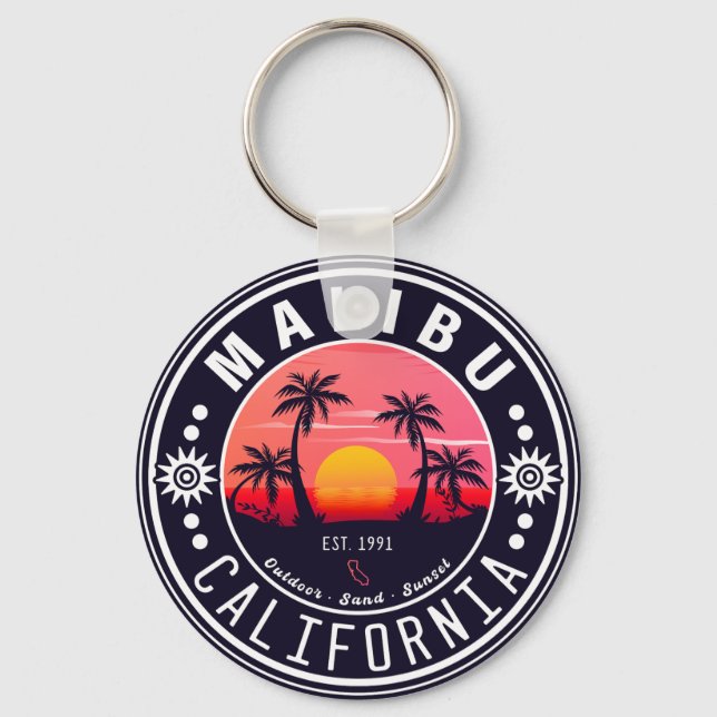 Malibu Ca Retro Sunset Palm Trees Souvenirs 60s Key Ring (Front)