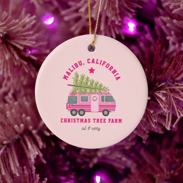 Malibu California Christmas Tree Farm Pink RV Ceramic Ornament (Creator Uploaded)