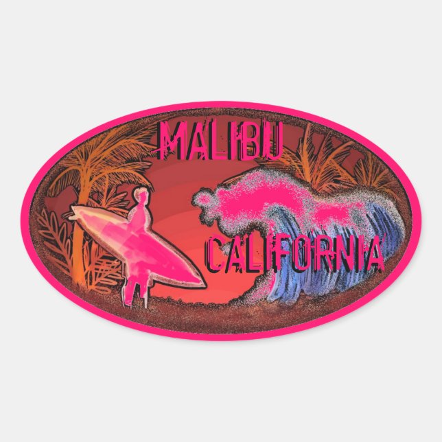 Malibu California pink surfer waves art stickers (Front)