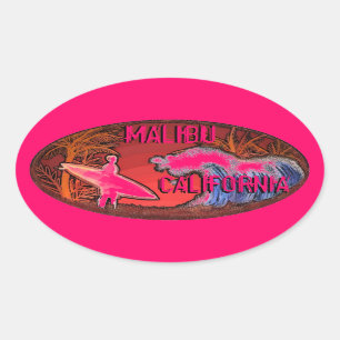 Malibu California pink surfer waves art stickers