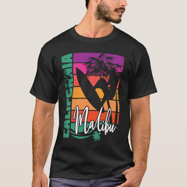 Malibu California Retro Sunset Beach Surfer Surfin T-Shirt (Front)