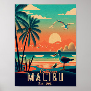Malibu California Retro Sunset Souvenirs 1950s Poster