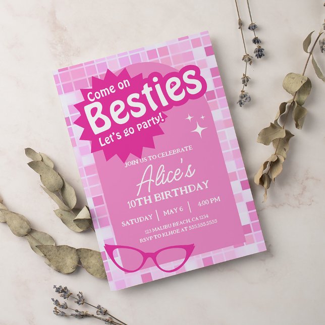 Malibu Doll Besties Beach Birthday Pink Glitter Invitation (Creator Uploaded)