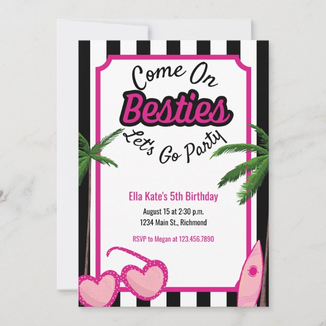Malibu Doll Birthday Black White Stripe Tropical Invitation (Front)