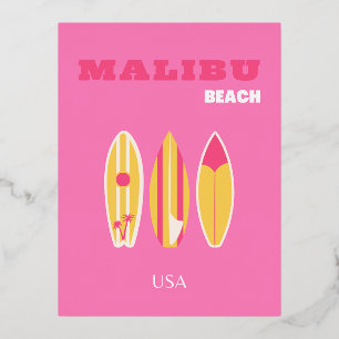 Malibu, Malibu Beach, California, Preppy, Pink Foil Holiday Postcard